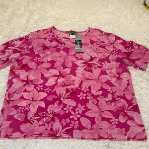 SLINKY WOMENS Pink Floral Short Sleeve Top SIZE XL. PULLOVER NWT